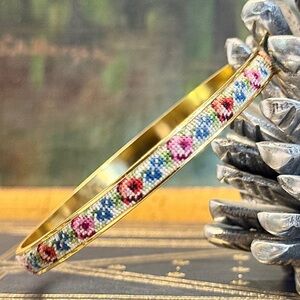 Antique Petit Point Needlepoint Rose Brass Bangle Bracelet, circa 1930s